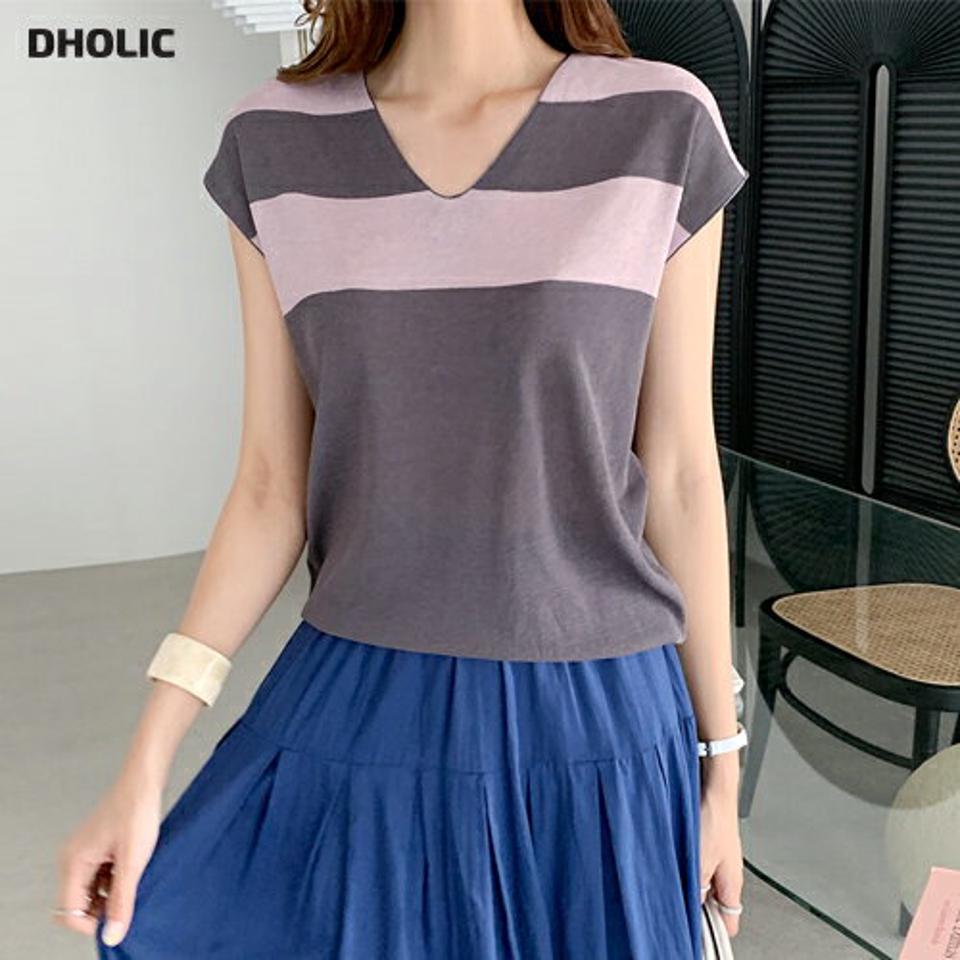 Vネックボーダーニット・全4色・b69465 レディース 【tops】トップス ニット ニットトップス ボーダー柄 Vネック フレンチスリーブ ショートスリーブ カジュアル ラフ 春 夏 韓国 ファッション ハイホリHIHOLLI