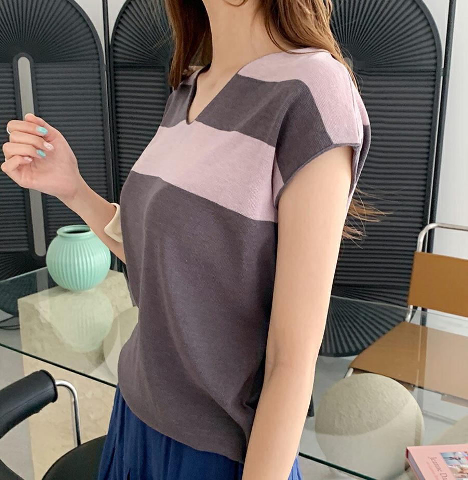 Vネックボーダーニット・全4色・b69465 レディース 【tops】トップス ニット ニットトップス ボーダー柄 Vネック フレンチスリーブ ショートスリーブ カジュアル ラフ 春 夏 韓国 ファッション ハイホリHIHOLLI