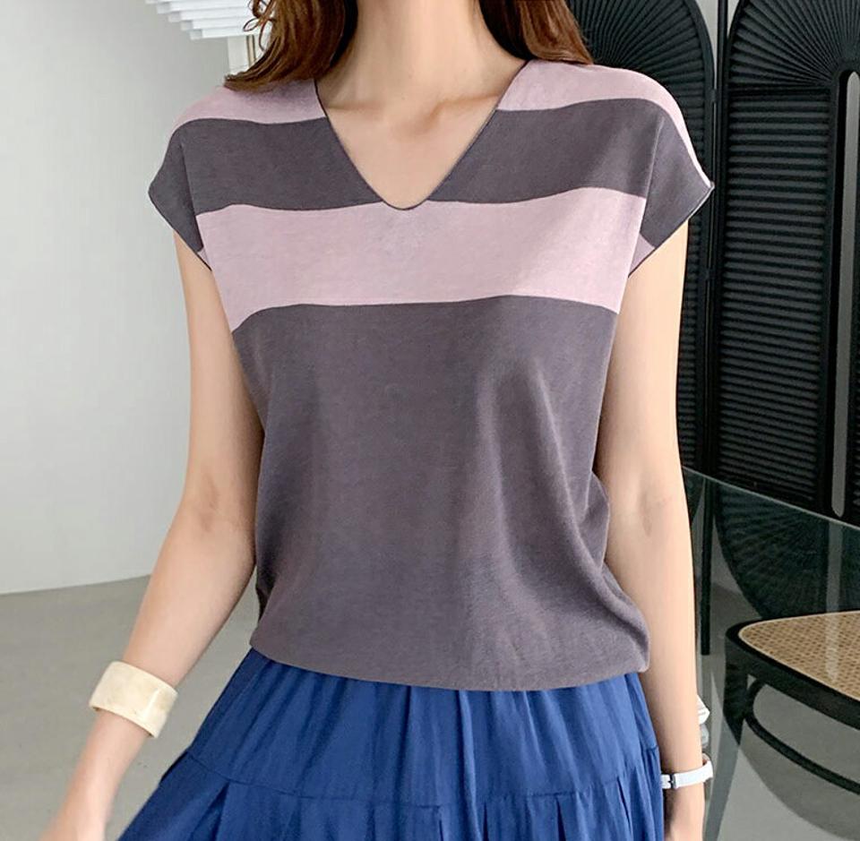 Vネックボーダーニット・全4色・b69465 レディース 【tops】トップス ニット ニットトップス ボーダー柄 Vネック フレンチスリーブ ショートスリーブ カジュアル ラフ 春 夏 韓国 ファッション ハイホリHIHOLLI