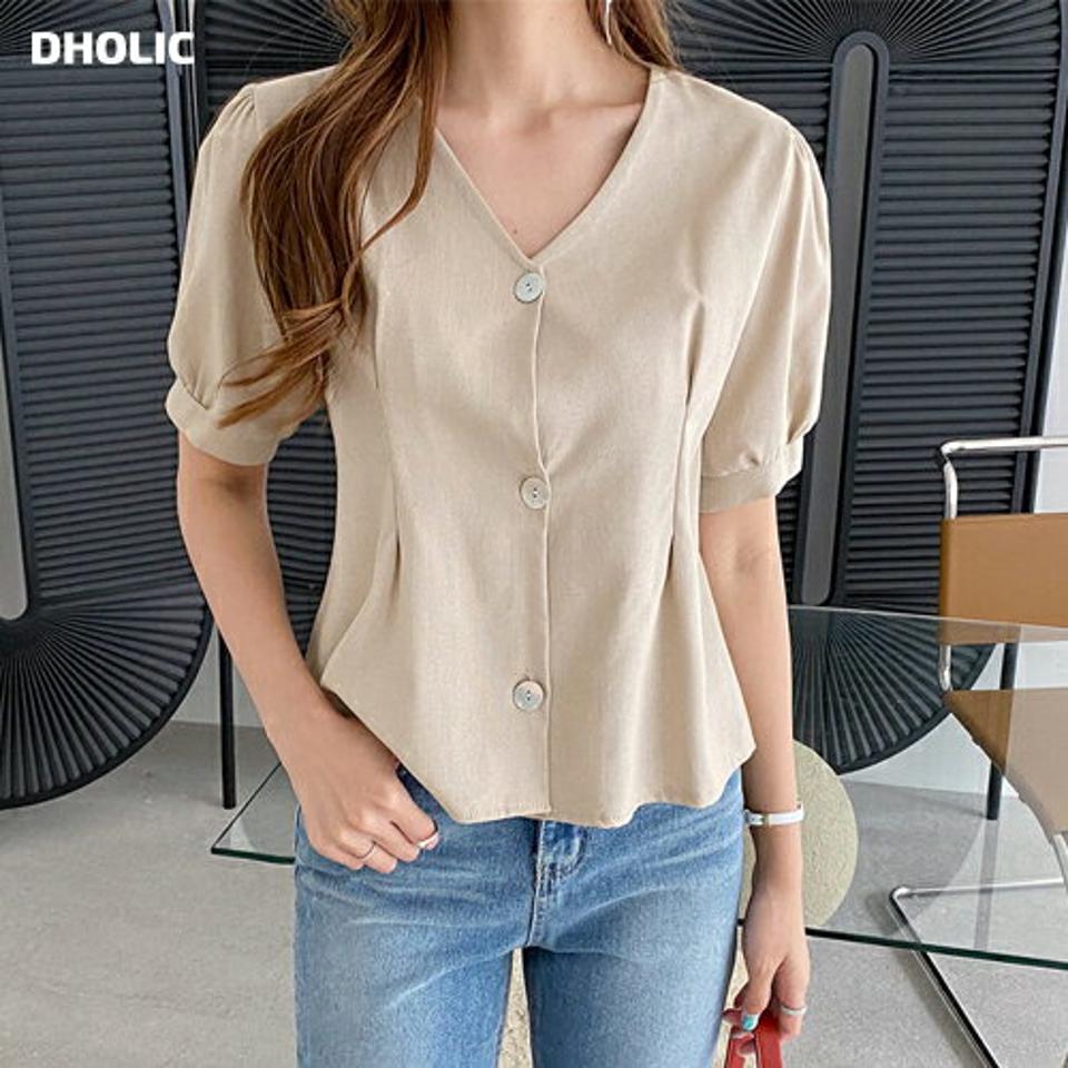 ボタンパフブラウス・全4色・t69468 レディース 【bl】トップス ブラウス 半袖 ハーフスリーブ パフ袖 パフスリーブ 単色 無地 シンプル 大人 Vネック 春 夏 韓国 ファッション ハイホリHIHOLLI