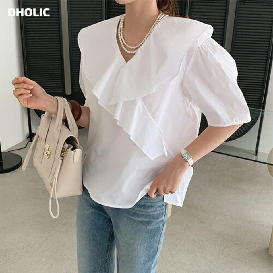 Vネックフリルブラウス・全3色・t69471 レディース 【bl】トップス ブラウス フリル 半袖 ハーフスリーブ Vネック かわいい 可愛い ガーリー 単色 無地 シンプル ホワイト 白 春 夏 韓国 ファッション ハイホリHIHOLLI