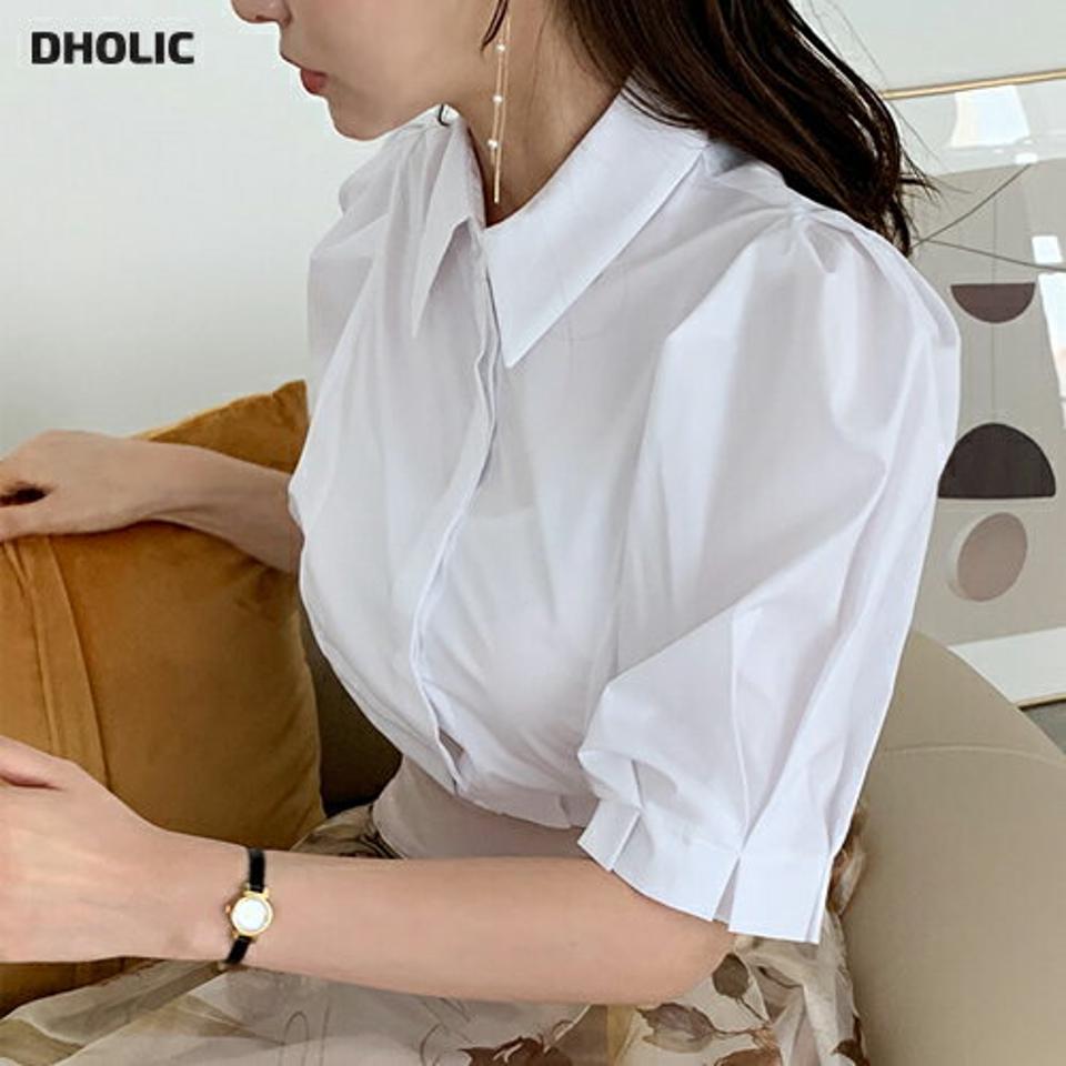 カラータックブラウス・全4色・b69472 レディース 【bl】トップス ブラウス タック 半袖 ハーフスリーブ 単色 無地 シンプル ユニーク ボリューム袖 可愛い かわいい 春 夏 韓国 ファッション ハイホリHIHOLLI