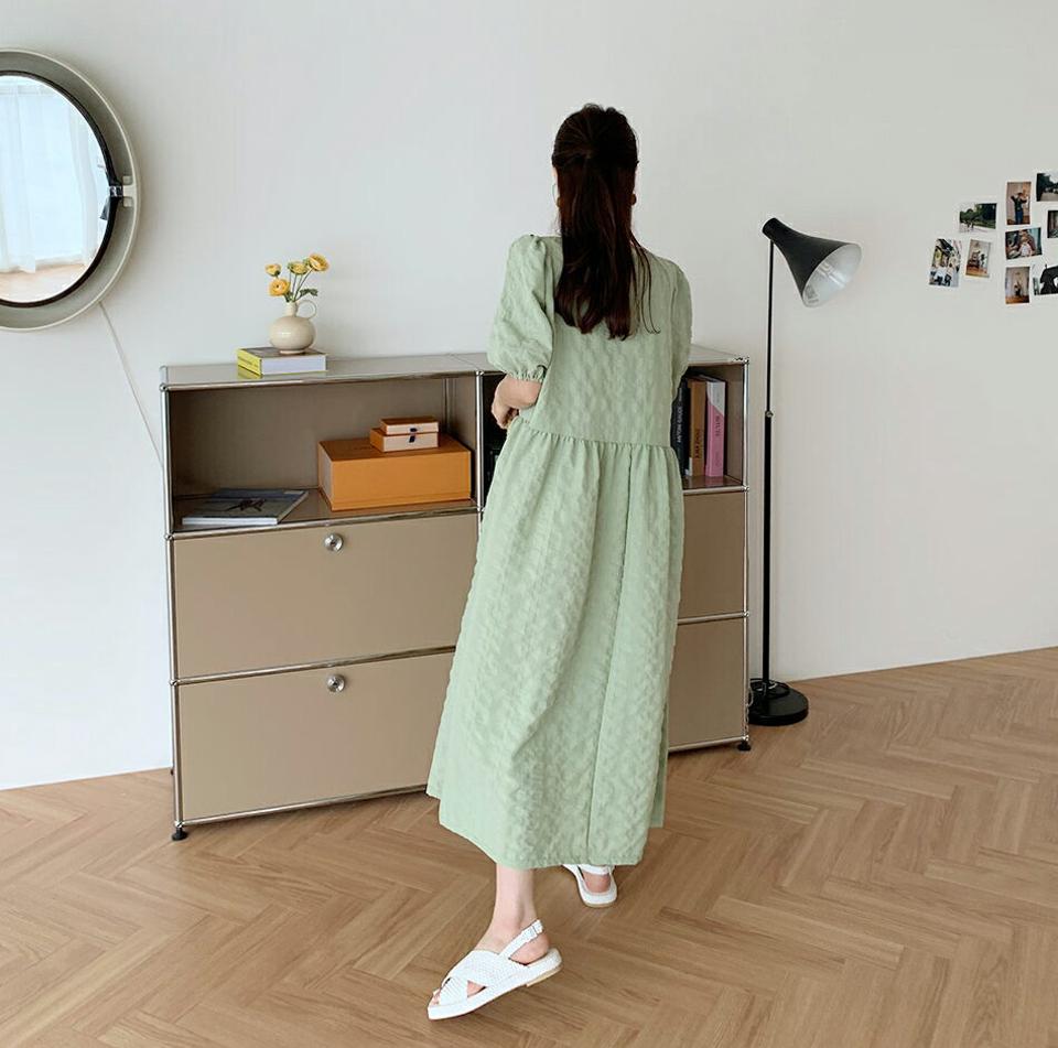 リンクルパフワンピース・全4色・b69473 レディース 【ops】ワンピース ロング 半袖 ハーフスリーブ リンクル パフ袖 パフスリーブ ガーリー 可愛い かわいい フレア ギャザー マキシ 体型カバー 春 夏 韓国 ファッション ハイホリHIHOLLI