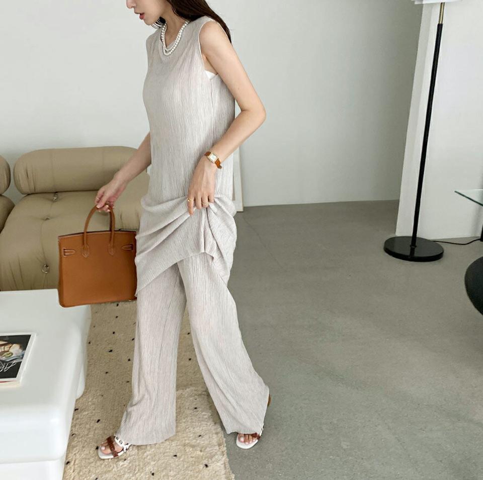 プリーツスリーブレス&パンツSET・全3色・t69479 レディース 【pt】セットアップ setup トップス スリーブレス ノースリーブ タンクトップ ロング丈 パンツ ズボン ロングパンツ プリーツ シンプル カジュアル 春 夏 韓国 ファッション ハイホリHIHOLLI