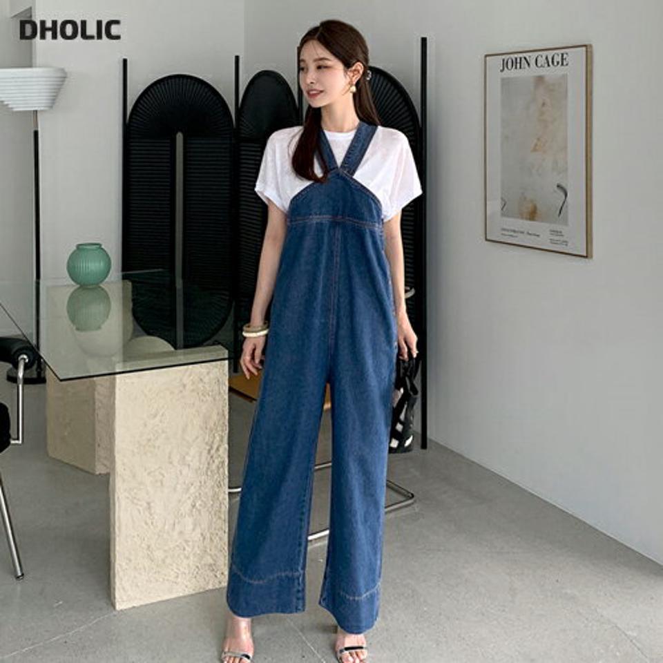 デニムオールインワン・全1色・t69480 レディース 【pt】オールインワン パンツ ズボン ロングパンツ デニム レイヤード Vネック カジュアル ユニーク 個性的 ラフ 春 夏 秋 韓国 ファッション ハイホリHIHOLLI