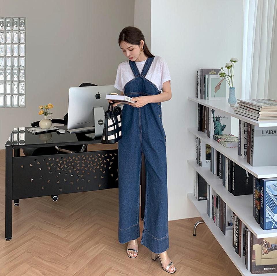 デニムオールインワン・全1色・t69480 レディース 【pt】オールインワン パンツ ズボン ロングパンツ デニム レイヤード Vネック カジュアル ユニーク 個性的 ラフ 春 夏 秋 韓国 ファッション ハイホリHIHOLLI