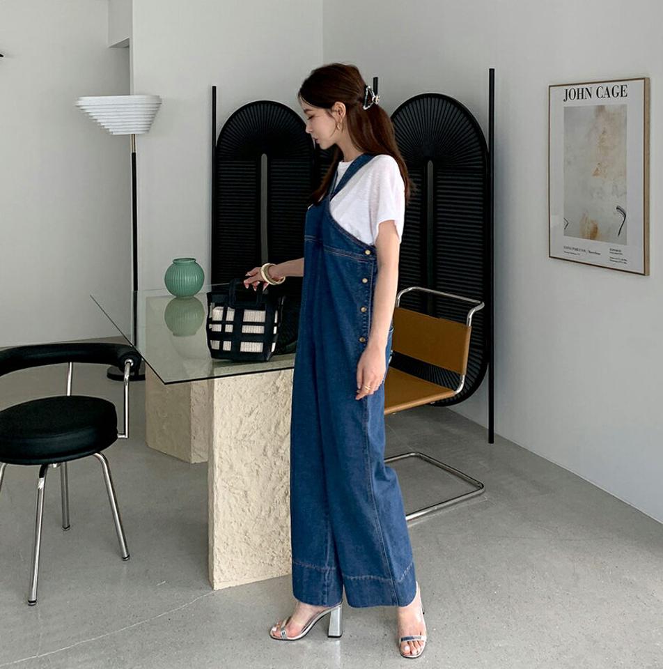 デニムオールインワン・全1色・t69480 レディース 【pt】オールインワン パンツ ズボン ロングパンツ デニム レイヤード Vネック カジュアル ユニーク 個性的 ラフ 春 夏 秋 韓国 ファッション ハイホリHIHOLLI