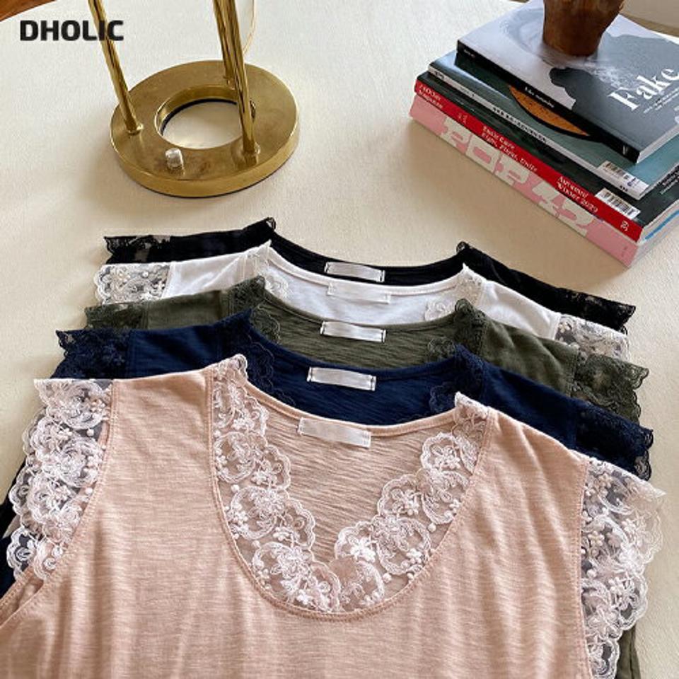 レースキャップスリーブTシャツ・全5色・b65658 レディース 【tops】韓国 ファッション トップス Tシャツ 半袖 キャップスリーブ スカラップ レース Vネック ルーズ ゆったり スリーブレス 体型カーバー 細身 フェミニン 夏 春