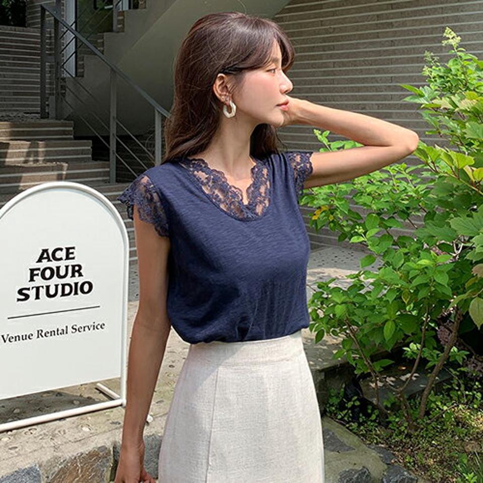 レースキャップスリーブTシャツ・全5色・b65658 レディース 【tops】韓国 ファッション トップス Tシャツ 半袖 キャップスリーブ スカラップ レース Vネック ルーズ ゆったり スリーブレス 体型カーバー 細身 フェミニン 夏 春