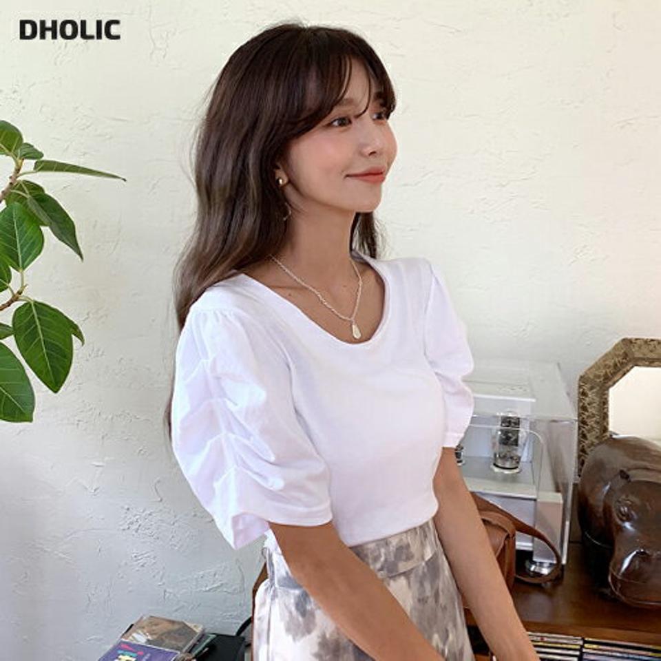ギャザースリーブTシャツ・全3色・t65660 レディース 【tops】韓国 ファッション トップス Tシャツ 半袖 ラブリー ギャザー ボリューミー Uネック ルーズ ゆったり ラウンドネック 体型カーバー 細身 ガーリー 夏 春
