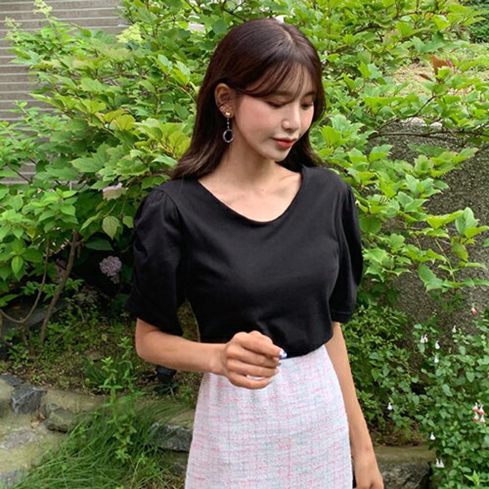 ギャザースリーブTシャツ・全3色・t65660 レディース 【tops】韓国 ファッション トップス Tシャツ 半袖 ラブリー ギャザー ボリューミー Uネック ルーズ ゆったり ラウンドネック 体型カーバー 細身 ガーリー 夏 春
