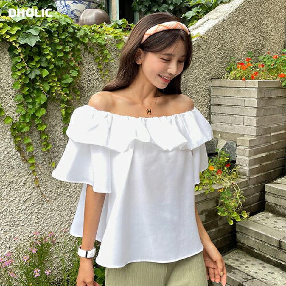 2WAYフリルブラウス・全4色・65663 レディース 【bl】韓国 ファッション トップス ブラウス 半袖 大人 フリル ショルダー オフショル デコルテ フェミニン カジュアル 上品 夏 春