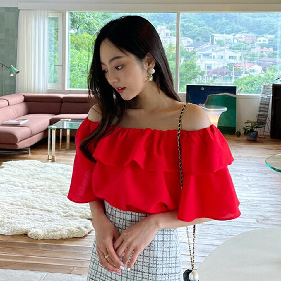 2WAYフリルブラウス・全4色・65663 レディース 【bl】韓国 ファッション トップス ブラウス 半袖 大人 フリル ショルダー オフショル デコルテ フェミニン カジュアル 上品 夏 春