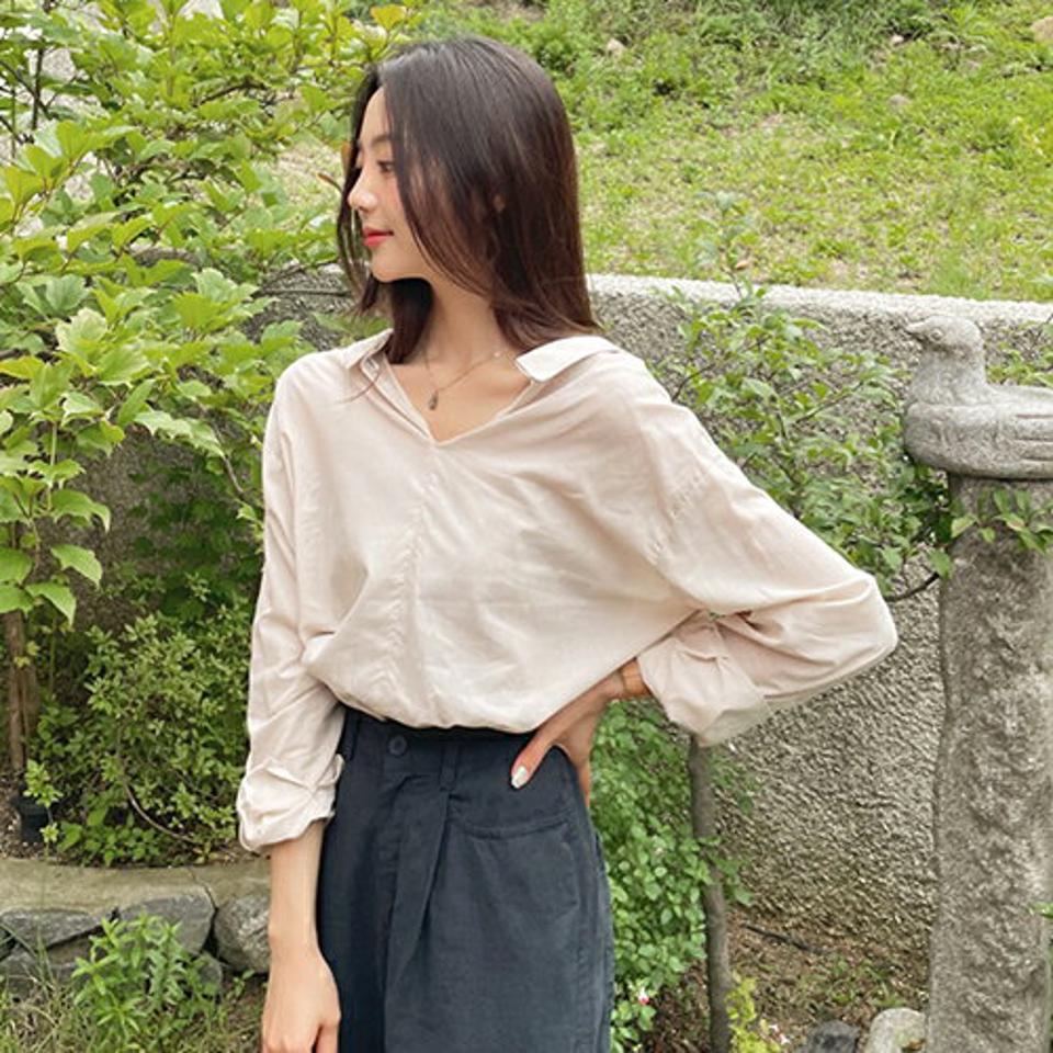 2WAYボタンシャツ・全3色・b65664 レディース 【bl】韓国 ファッション トップス シャツ 長袖 大人 2WAY ラフ ルーズ オフィスカジュアル ポロ襟 フェミニン カジュアル 夏 春