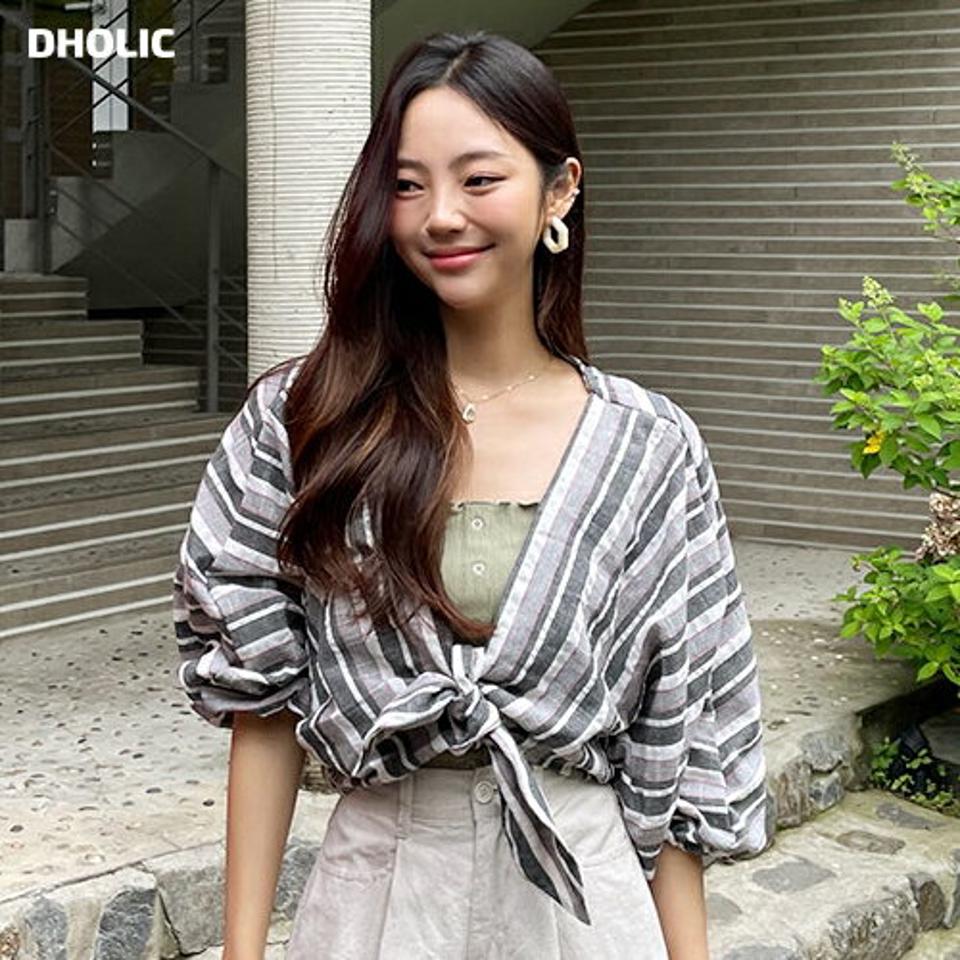 リボンストライプブラウス・全3色・t65665 レディース 【bl】韓国 ファッション トップス ブラウス 半袖 大人 リネン ストライプ パターン ゴム Vネック クロップド丈 リボン フェミニン カジュアル 夏 春