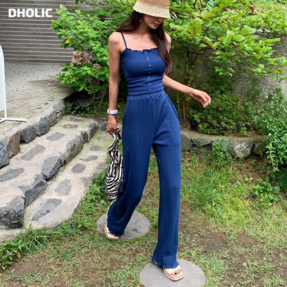 リブスリーブレス&パンツSET・全4色・t65674 レディース 【pt】韓国 ファッション ボトムス ロング ロングパンツ デイリー リブ セットアップ スリーブレス クロップド丈 ゴム 足長 大人 10分丈 体型カーバー 細身 カジュアル 夏 春