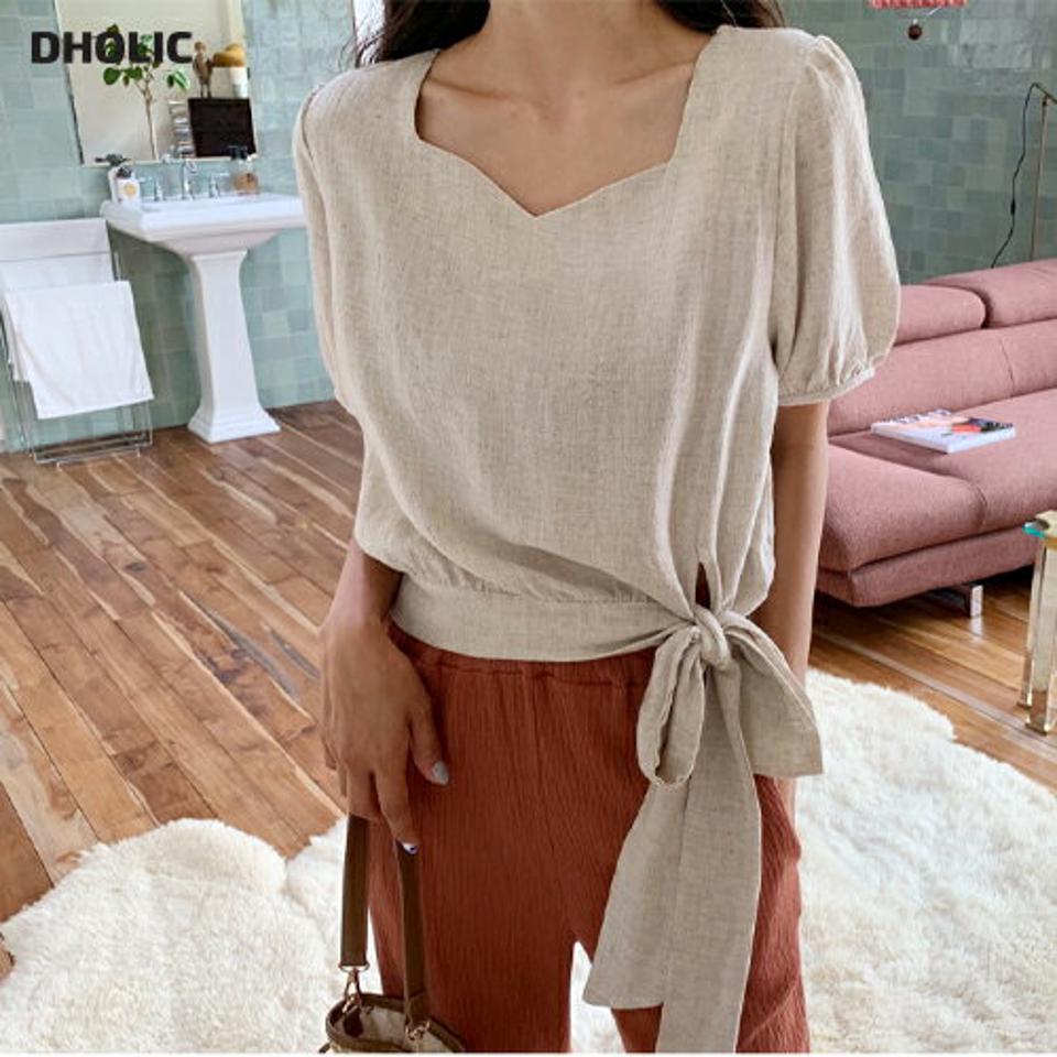 リネン混リボンブラウス・全5色・t65678 レディース 【bl】韓国 ファッション トップス ブラウス 半袖 大人 リネン ハートネック パフスリーブ リボン フェミニン カジュアル 夏 春