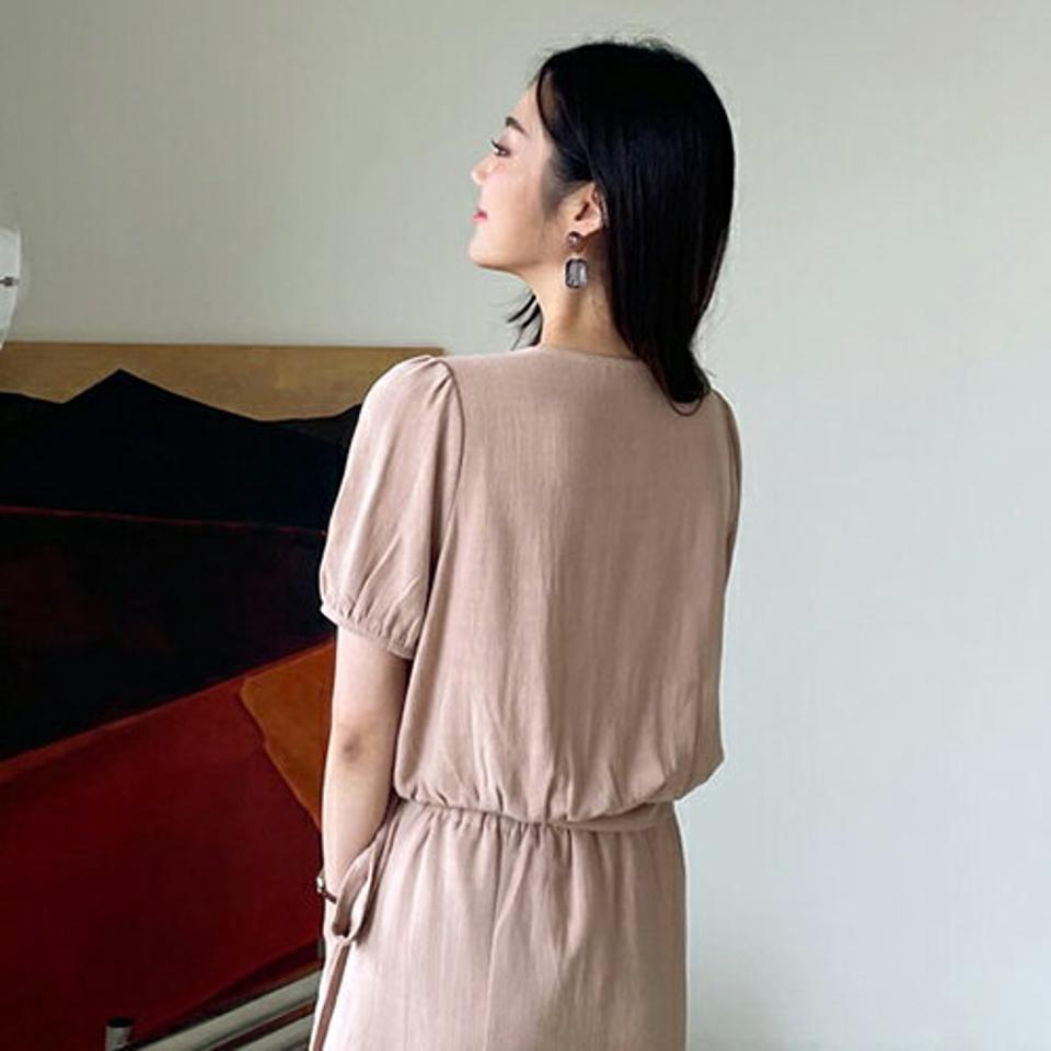 リネン混リボンブラウス・全5色・t65678 レディース 【bl】韓国 ファッション トップス ブラウス 半袖 大人 リネン ハートネック パフスリーブ リボン フェミニン カジュアル 夏 春