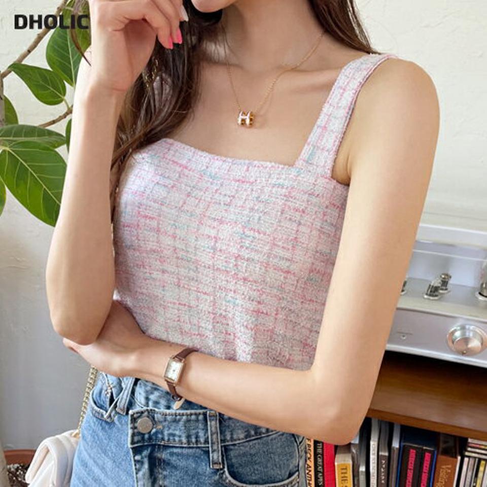 ツイードスリーブレス・全2色・t65683 レディース 【tops】韓国 ファッション トップス Tシャツ スリーブレス ノースリーブ ツイード スクエアネック デコルテ 体型カーバー 細身 ベーシック クロップド丈 夏 春
