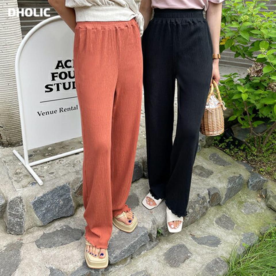 リブパンツ・全4色・t65673 レディース 【pt】韓国 ファッション ボトムス ロング ロングパンツ デイリー リブ ワイド ストレート ポケット ウェーブ ワイド ゴム 足長 大人 10分丈 体型カーバー 細身 カジュアル 夏 春