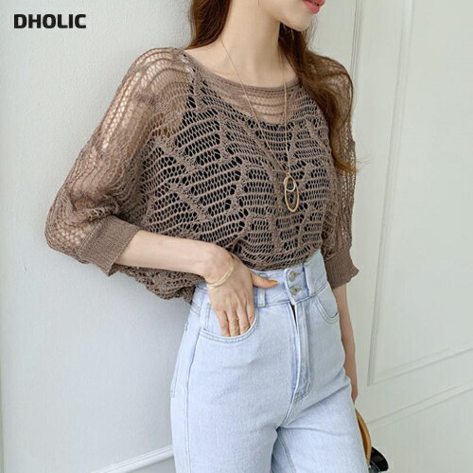 ルーズネットニット・全6色・t69442 レディース 【tops】トップス ニット ニットトップス 透け感 シアー シースルー ネット カジュアル ラフ 華奢見え ドルマンスリーブ 七分丈 七分袖 7分袖 7分丈 春 夏 韓国 ファッション ハイホリHIHOLLI