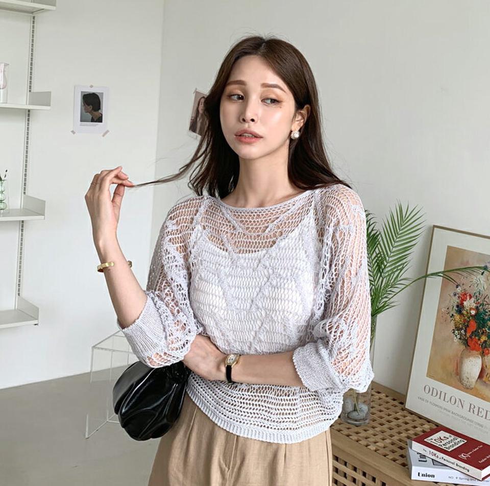 ルーズネットニット・全6色・t69442 レディース 【tops】トップス ニット ニットトップス 透け感 シアー シースルー ネット カジュアル ラフ 華奢見え ドルマンスリーブ 七分丈 七分袖 7分袖 7分丈 春 夏 韓国 ファッション ハイホリHIHOLLI