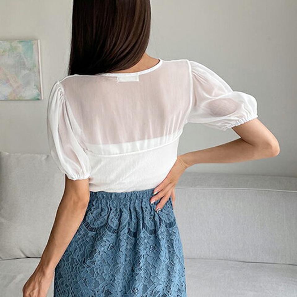 シフォンコントラストニット・全2色・t62497 レディース 【tops】韓国 ファッション トップス ニット 半袖 レイヤード風 ラブリー ハートネック リブ パフスリーブ シフォン 異素材 体型カーバー 細身 フェミニン 夏 春