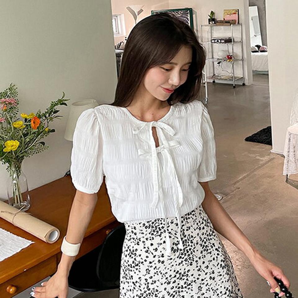 2WAYチェックブラウス・全3色・t62504 レディース 【bl】韓国 ファッション トップス ブラウス 半袖 大人 ガーリー チェック ラウンドネック リンクル 2WAY リボン パフスリーブ フェミニン カジュアル 上品 夏 春