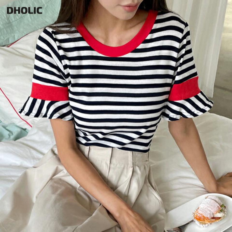 ボーダー配色Tシャツ・全3色・t62491 レディース 【tops】韓国 ファッション トップス Tシャツ 半袖 ボーダー パターン コットン 配色 フリルスリーブ フリル ラウンドネック ルーズ ゆったり 体型カーバー 細身 フェミニン 夏 春