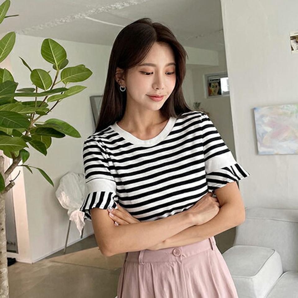 ボーダー配色Tシャツ・全3色・t62491 レディース 【tops】韓国 ファッション トップス Tシャツ 半袖 ボーダー パターン コットン 配色 フリルスリーブ フリル ラウンドネック ルーズ ゆったり 体型カーバー 細身 フェミニン 夏 春