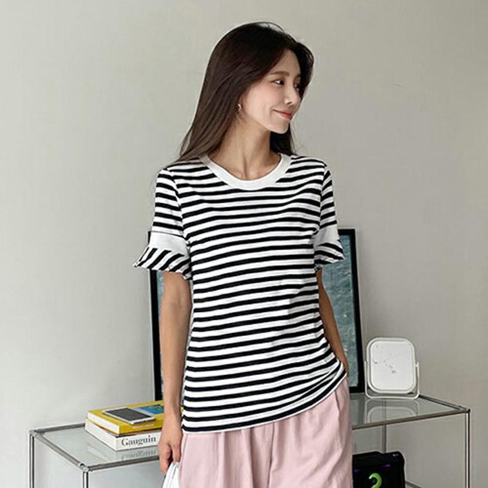 ボーダー配色Tシャツ・全3色・t62491 レディース 【tops】韓国 ファッション トップス Tシャツ 半袖 ボーダー パターン コットン 配色 フリルスリーブ フリル ラウンドネック ルーズ ゆったり 体型カーバー 細身 フェミニン 夏 春