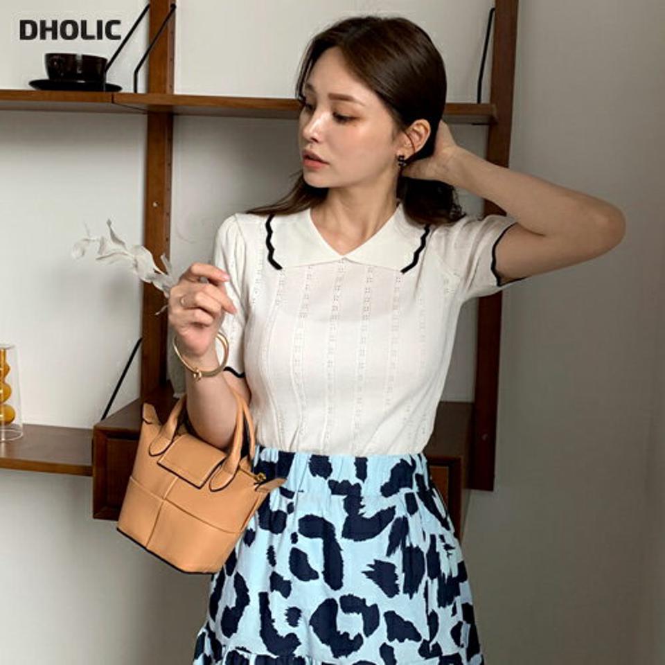 配色カラー半袖ニット・全2色・b69437 レディース 【tops】トップス ニット 半袖 ポロ襟 配色 ハーフスリーブ 可愛い かわいい パンチング ガーリー 大人 春 夏 韓国 ファッション ハイホリHIHOLLI