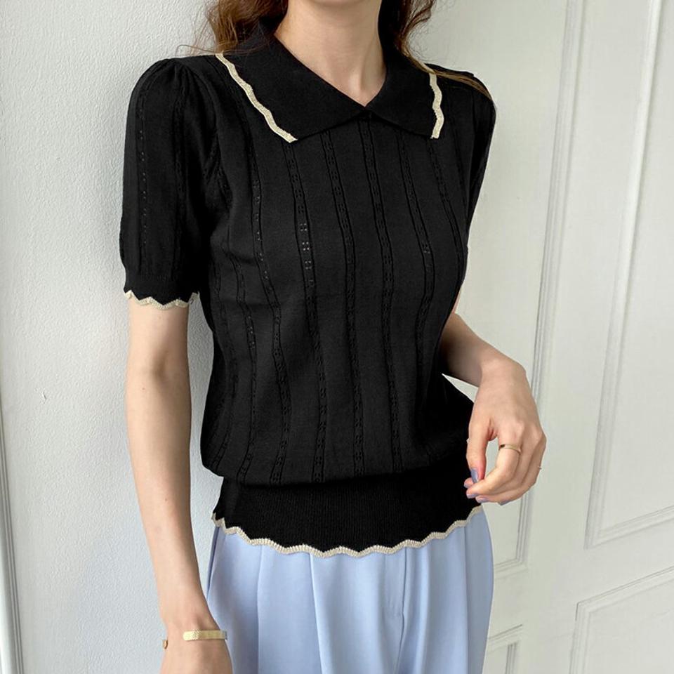 配色カラー半袖ニット・全2色・b69437 レディース 【tops】トップス ニット 半袖 ポロ襟 配色 ハーフスリーブ 可愛い かわいい パンチング ガーリー 大人 春 夏 韓国 ファッション ハイホリHIHOLLI