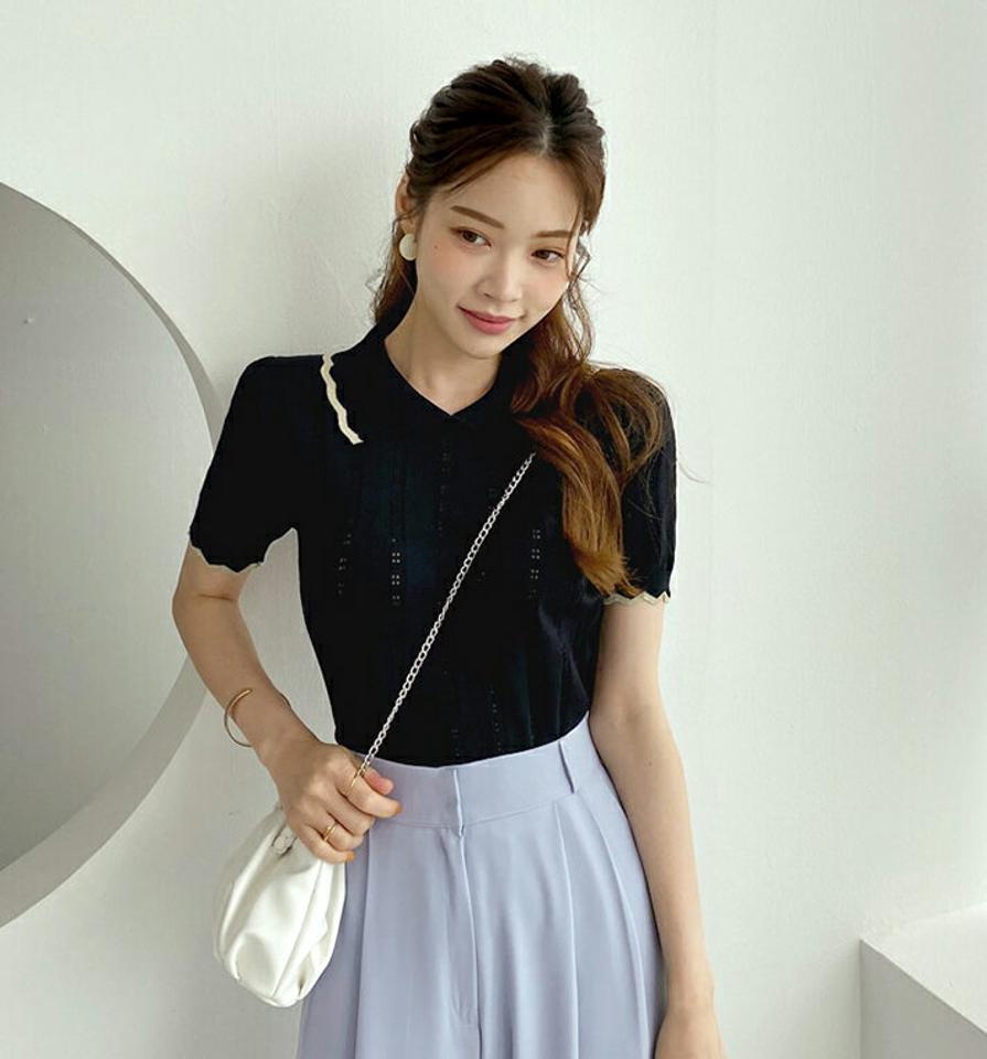 配色カラー半袖ニット・全2色・b69437 レディース 【tops】トップス ニット 半袖 ポロ襟 配色 ハーフスリーブ 可愛い かわいい パンチング ガーリー 大人 春 夏 韓国 ファッション ハイホリHIHOLLI