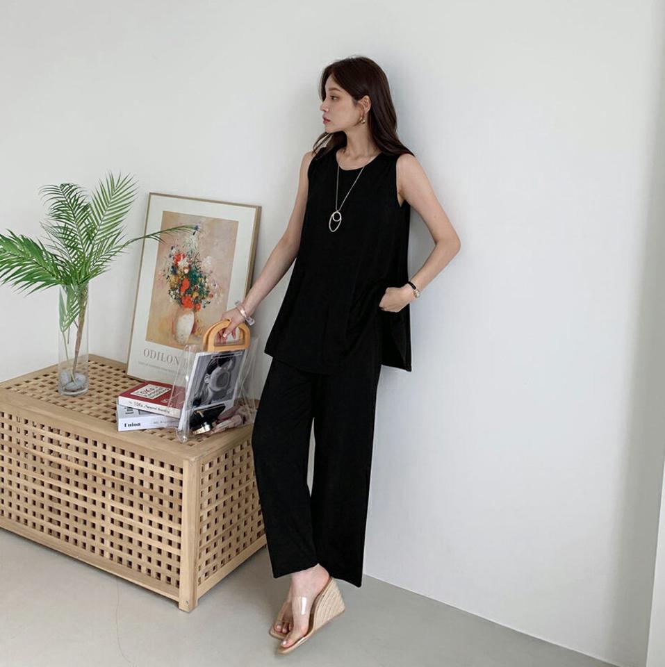 【只今10%OFF】フレアスリーブレス&パンツSET・全2色・t69441 レディース 【pt】セットアップ setup トップス スリーブレス ノースリーブ タンクトップ パンツ ズボン ロングパンツ フレア 単色 無地 シンプル カジュアル ラフ 春 夏 韓国 ファッション ハイホリHIHOLLI