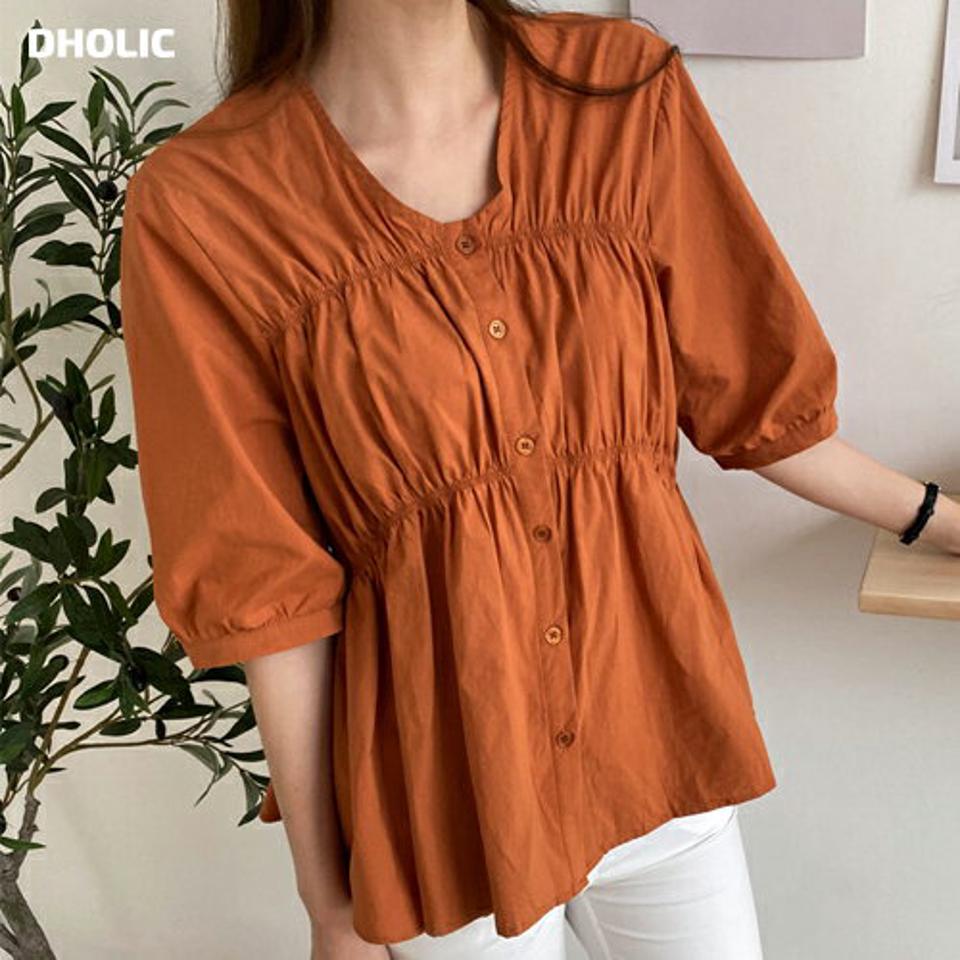 ボタンフレアブラウス・全4色・b69446 レディース 【bl】トップス ブラウス 半袖 ハーフスリーブ フレア 単色 無地 シンプル カジュアル ラフ ギャザー ナチュラル 春 夏 韓国 ファッション ハイホリHIHOLLI