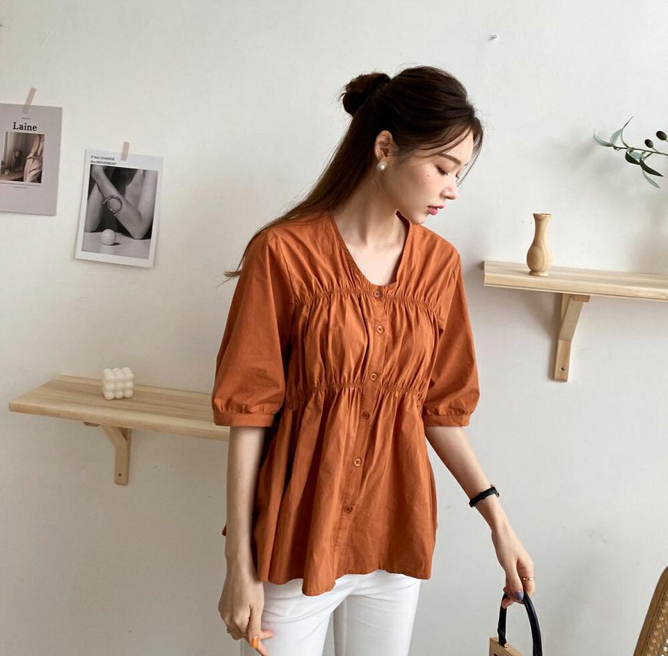 ボタンフレアブラウス・全4色・b69446 レディース 【bl】トップス ブラウス 半袖 ハーフスリーブ フレア 単色 無地 シンプル カジュアル ラフ ギャザー ナチュラル 春 夏 韓国 ファッション ハイホリHIHOLLI