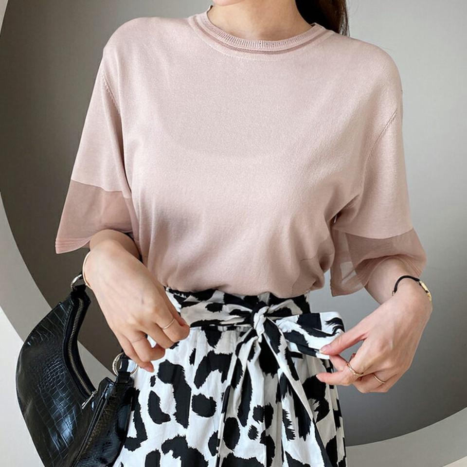 シアーポイントニット・全5色・b69447 レディース 【tops】トップス ニット 半袖 ハーフスリーブ 透け感 シアー シースルー 単色 無地 シンプル カジュアル 可愛い かわいい 春 夏 韓国ファッション ハイホリHIHOLLI