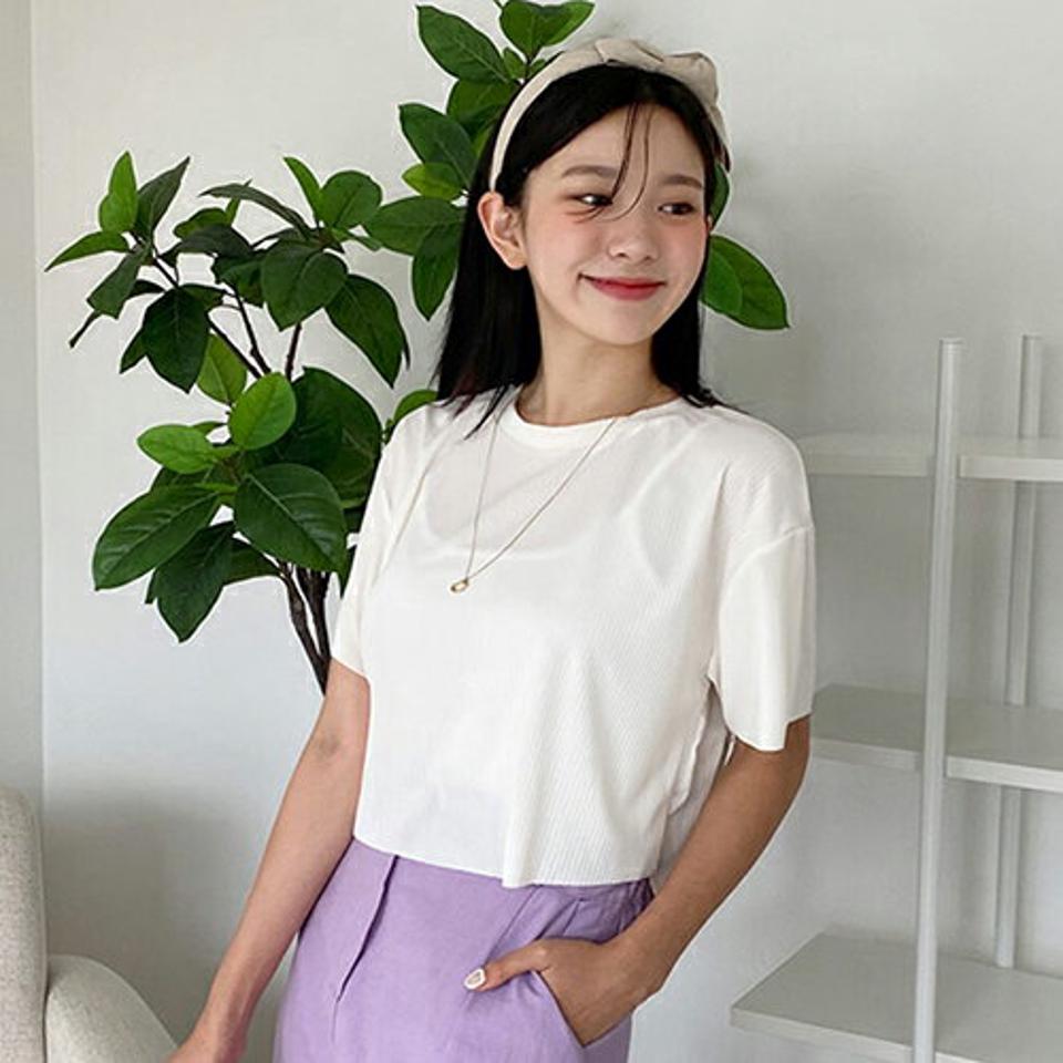 ラウンドカットオフTシャツ・全4色・t64593 レディース 【tops】韓国 ファッション トップス Tシャツ 半袖 カットオフ リブ クロップド丈 ラウンドネック ベーシック かわいい シンプル スリム 春 夏 NIJU