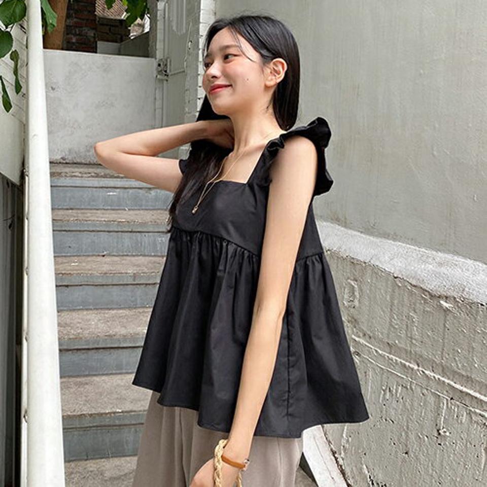 フリルスリーブレス・全3色・t64597 レディース 【tops】韓国 ファッション トップス Tシャツ フリル スリーブレス ギャザー ベーシック かわいい シンプル スリム ノースリーブ 春 夏 NIJU