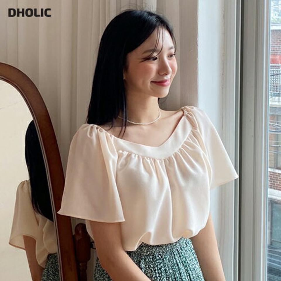 ショルダーゴムブラウス・全4色・64598 レディース 【bl】韓国 ファッション トップス ブラウス 半袖 ラブリー ショルダー ゴム ギャザー Vネック フレア ハーフスリーブ デコルテ 体型カバー 細身 シンプル ガーリー 春 夏 NIJU