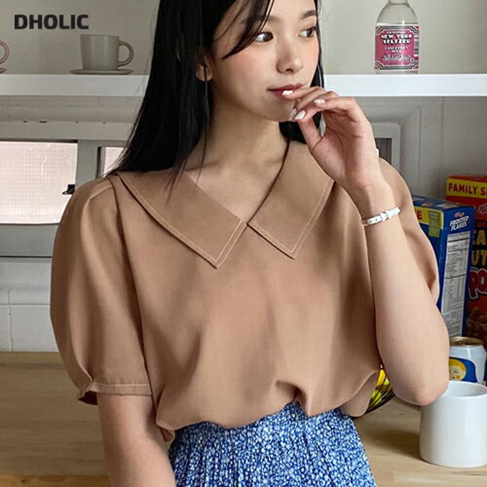 ステッチカラーブラウス・全4色・t64602 レディース 【bl】韓国 ファッション トップス ブラウス 半袖 ラブリー ステッチ 小顔 パフスリーブ フェミニン 体型カバー 細身 シンプル ガーリー 春 夏 NIJU