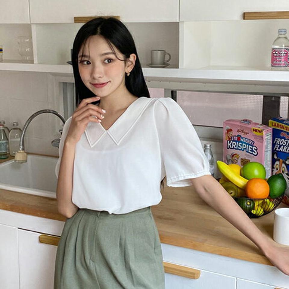 ステッチカラーブラウス・全4色・t64602 レディース 【bl】韓国 ファッション トップス ブラウス 半袖 ラブリー ステッチ 小顔 パフスリーブ フェミニン 体型カバー 細身 シンプル ガーリー 春 夏 NIJU