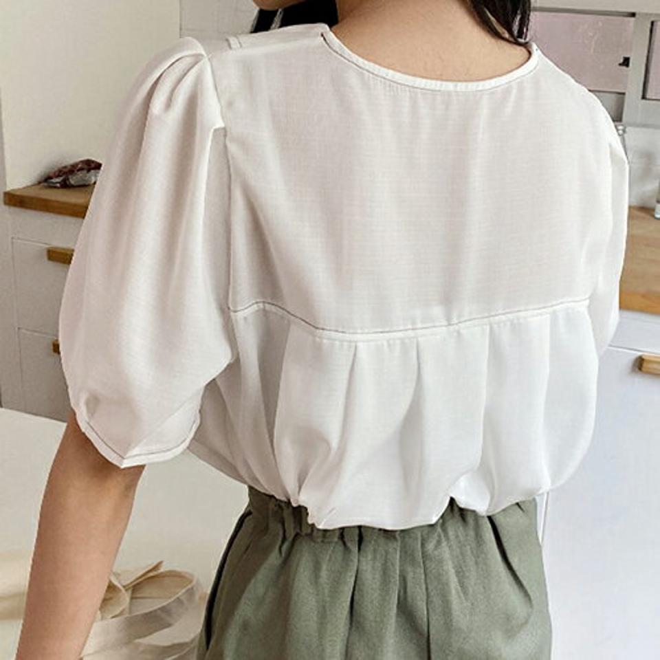 ステッチカラーブラウス・全4色・t64602 レディース 【bl】韓国 ファッション トップス ブラウス 半袖 ラブリー ステッチ 小顔 パフスリーブ フェミニン 体型カバー 細身 シンプル ガーリー 春 夏 NIJU