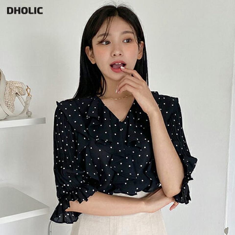 ドットラッフルブラウス・全3色・b64606 レディース 【bl】韓国 ファッション トップス ブラウス 半袖 ラブリー フェミニン ラッフル プリーツ ドット パターン 体型カバー 細身 シンプル ガーリー 春 夏 NIJU