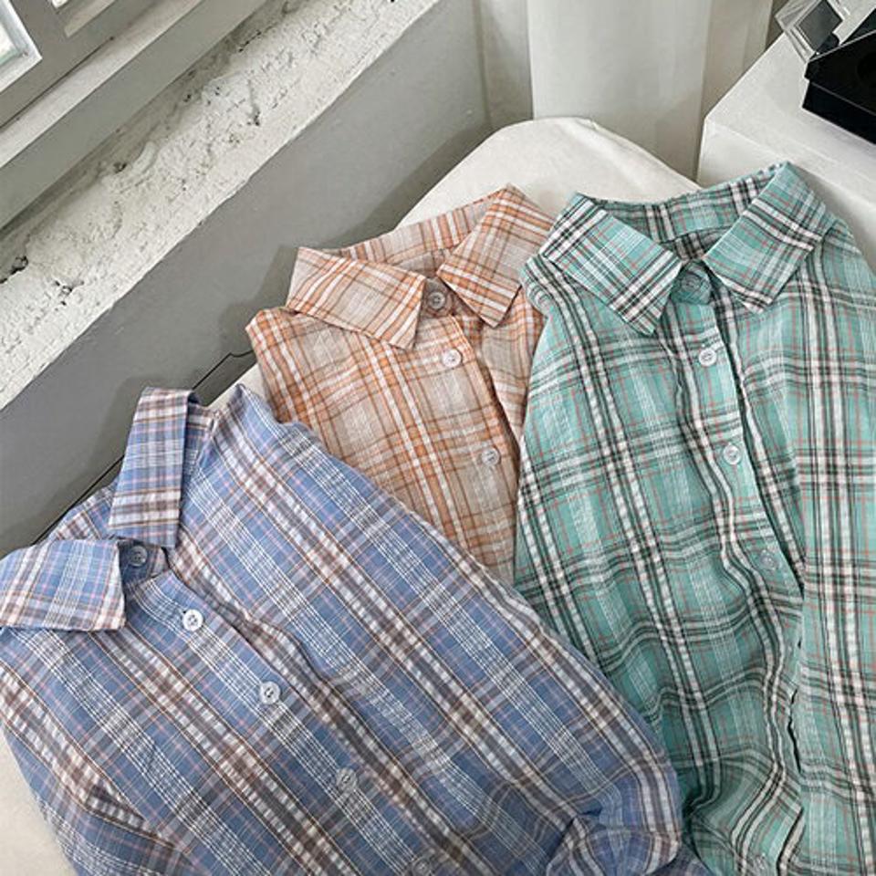 2WAYチェックボタンシャツ・全4色・t64607 レディース 【bl】韓国 ファッション トップス シャツ 半袖 ラブリー カジュアル チェック ボタン ラフ ルーズ フェミニン 体型カバー 細身 シンプル ガーリー 春 夏 NIJU