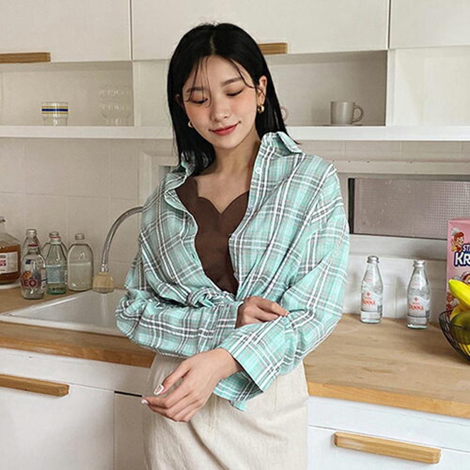 2WAYチェックボタンシャツ・全4色・t64607 レディース 【bl】韓国 ファッション トップス シャツ 半袖 ラブリー カジュアル チェック ボタン ラフ ルーズ フェミニン 体型カバー 細身 シンプル ガーリー 春 夏 NIJU