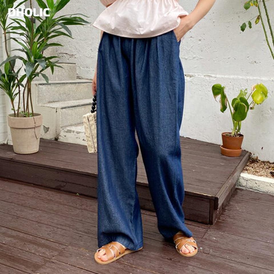 ウエストゴムデニムパンツ・全2色・t64601 レディース 【pt】韓国 ファッション ボトムス パンツ ロング ロングパンツ デニムパンツ ベーシック ストリング ワイド ルーズ ゆったり デイリー 細身 体型カーバー ストレート 春 夏 NIJU