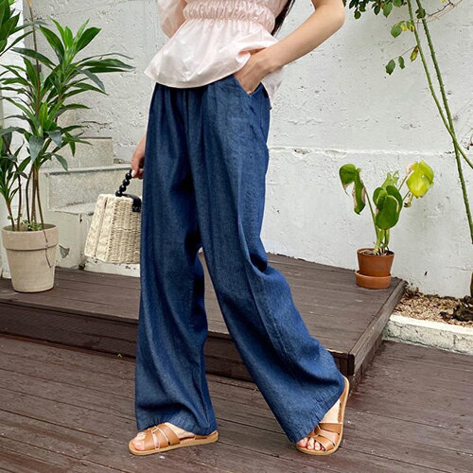 ウエストゴムデニムパンツ・全2色・t64601 レディース 【pt】韓国 ファッション ボトムス パンツ ロング ロングパンツ デニムパンツ ベーシック ストリング ワイド ルーズ ゆったり デイリー 細身 体型カーバー ストレート 春 夏 NIJU