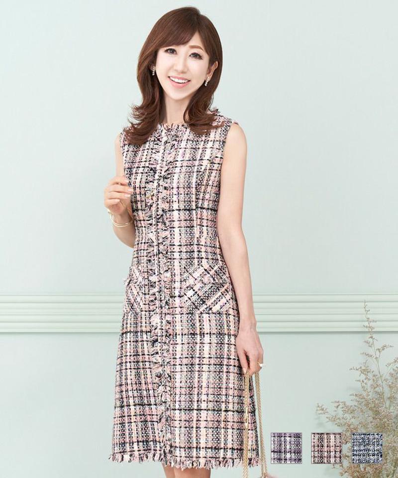 Winter-SALE ワンピース MIXツイード パール付き フロントジップ Prima Scherrer 全3色｜psc312-0303【2】